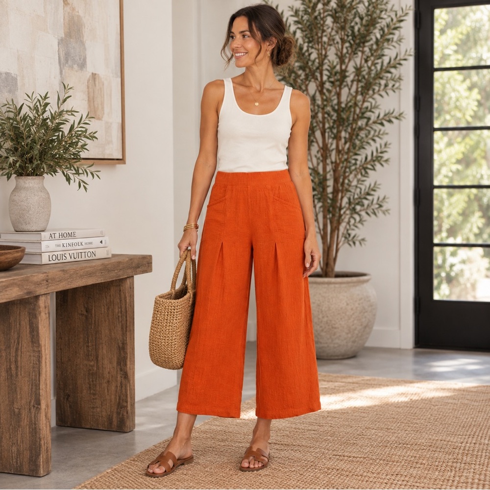XCVI Orange Cotton Gauze Wide Leg Crop Pants XS